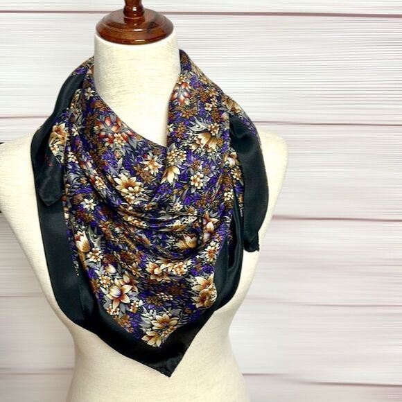 Elaine Gold for Collection XIIX Silk Square Scarf Floral Purple Tan Ivory Japan - Picture 9 of 13